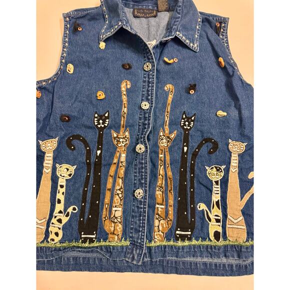 Vtg Life Styles Embroidered Denim Cat Vest Button Up Size XL Women's - Picture 2 of 4